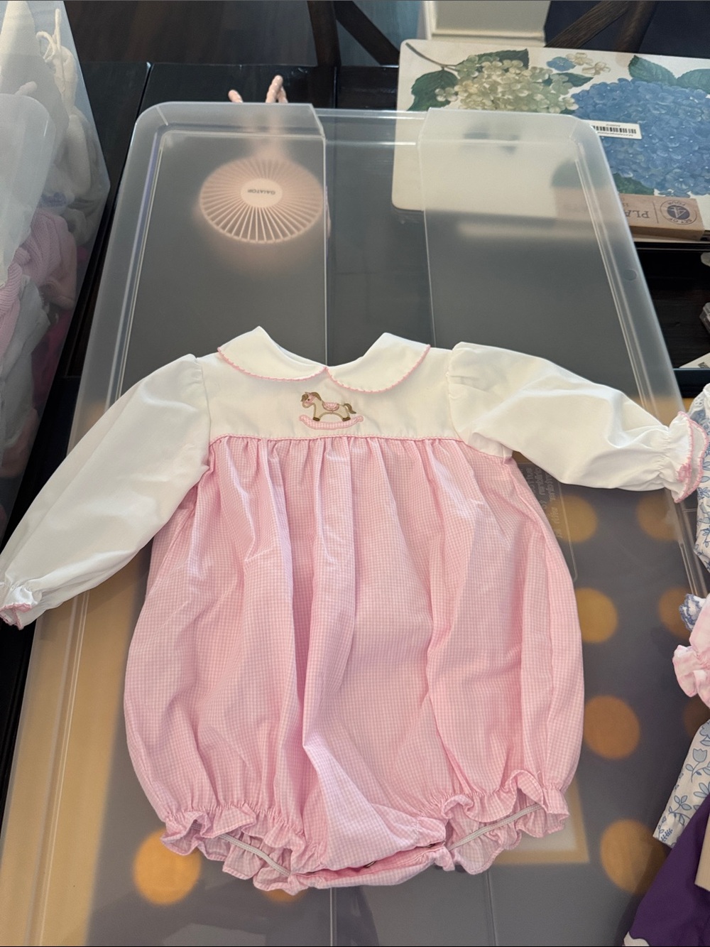 Petit Ami Pink and White Baby Girl One-Piece with Rocking Horse